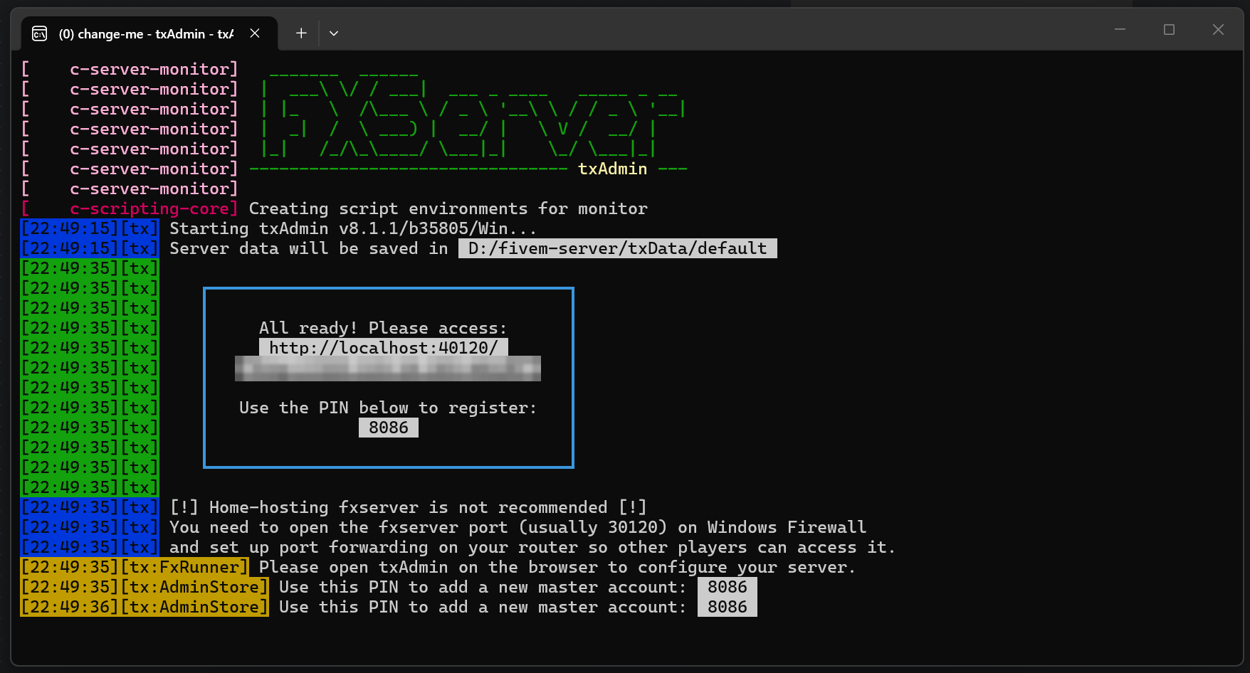 FXServer 终端显示 txAdmin 就绪地址与 PIN 码
